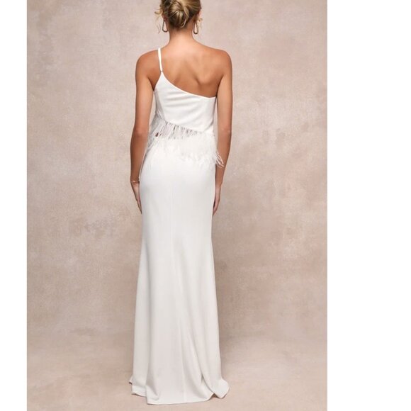 Lulus Glam Bliss White Feather One-Shoulder Cutout Maxi Dress Size Small NWOT - Picture 3 of 5